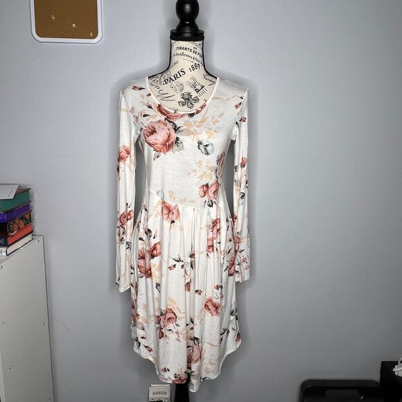 Pink Lily MEDIUM White Pink Floral Long Sleeve Scoop Round Neck Fit Flare Dress - Picture 7 of 7